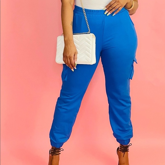 NEW TRENDY ROYAL BLUE FITTED CARGO JOGGER SWEATPANTS - Picture 3 of 3